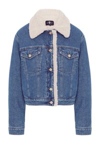 Kurtka dżinsowa o skróconym fasonie, z kołnierzem z owczej wełny i zapięciem na guziki. Posiada dwie kieszenie na piersi oraz wyblakły niebieski kolor.