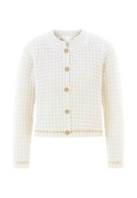 Gilet en tricot tissé de couleur blanche avec un motif texturé, des boutons en métal doré et un col et des poignets côtelés. Bordure dorée superposée à l'ourlet.