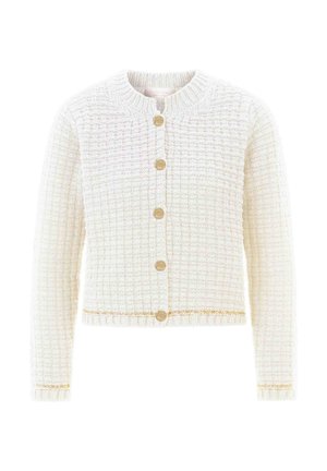 Woven knit cardigan in white with a textured pattern, gold-tone buttons, and a ribbed collar and cuffs. Layered gold trim at the hem.