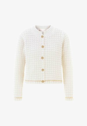 Woven knit cardigan in white with a textured pattern, gold-tone buttons, and a ribbed collar and cuffs. Layered gold trim at the hem.