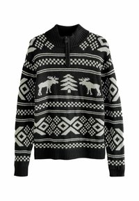 Schwarzer Pullover mit einem halben Reißverschluss-Kragen, der ein geometrisches Muster und ein Elchdesign in hellgrau aufweist. Strickstoff mit gerippten Bündchen.