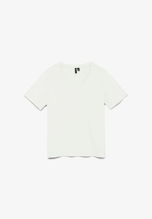 Wit V-hals T-shirt met korte mouwen en een klein zwart-wit maatlabel bij de hals, plat gelegd op een witte achtergrond.