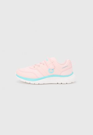 Children’s pink sneaker with light blue sole and Velcro strap on a white background, side view.