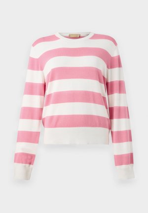 Suéter listrado em rosa e branco, mangas longas, gola redonda, material de malha suave, design cropped, punhos canelados, padrão de listras uniforme.