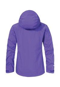 Purple lightweight waterproof jacket, with a hood, smooth texture, and adjustable cuffs featuring Velcro closures.