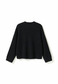 Pull noir en maille à manches longues avec poignets et ourlet côtelés, présenté de dos sur fond blanc.