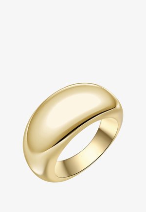 Zlatý prsteň s hladkým, zaobleným povrchom, s širokým pásom a lesklou povrchovou úpravou, ktorý mu dodáva lesklý vzhľad.