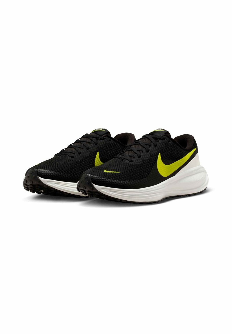Zapatillas de running de malla negra con acentos en amarillo neón, que cuentan con una suela acolchada, parte superior texturizada y suela con tracción para un mejor agarre.