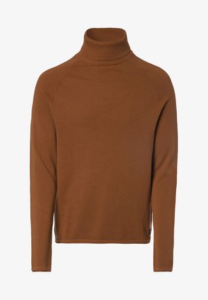 Brauner Rollkragenpullover mit strukturiertem Stoff, Raglanärmeln und geripptem Kragen sowie Bündchen. Lässige Passform mit geradem Saum.