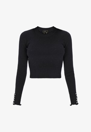Zwarte geribde lange mouw cropped top met een ronde halslijn en golvende manchetten met decoratieve knopen aan de randen.