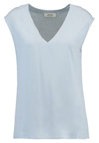 Hellblaues ärmelloses Blusenshirt mit V-Ausschnitt und kleinen Seitenschlitzen, aus glattem Stoff, etikettiert mit Zalando Essentials.