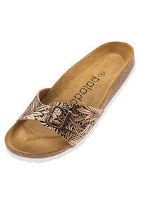 Infradito a motivi floreali con cinturino nero e oro rosa, soletta in sughero, rivestimento in suede beige e suola bianca con trazione.