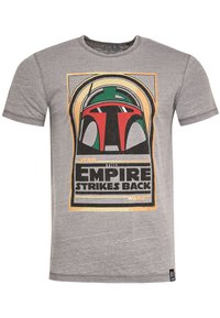 Grå bomulds T-shirt med et stort, farverigt grafisk design af Boba Fetts hjelm fra "Star Wars: The Empire Strikes Back."