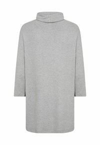 Gray oversized sweatshirt with a high neck, three-quarter sleeves, and a textured fabric. Plain design with no additional patterns or accents.