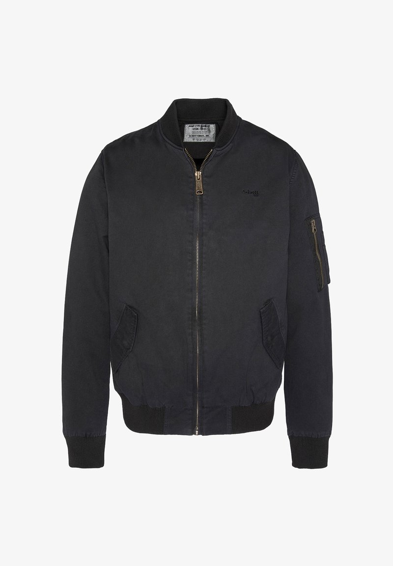 Blouson aviateur noir avec fermeture éclair à l'avant, poignets côtelés, et une poche zippée sur la manche. Confectionné dans un tissu lisse et mat.