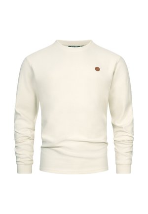 Cremefarbener Sweatshirt mit geripptem Textur, Rundhalsausschnitt und langen Ärmeln. Verfügt über ein kleines braunes, kreisförmiges Logo auf der Brust.