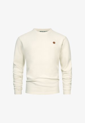 Cremefarbener Sweatshirt mit geripptem Textur, Rundhalsausschnitt und langen Ärmeln. Verfügt über ein kleines braunes, kreisförmiges Logo auf der Brust.