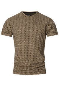 Kortærmet t-shirt i beige med et geometrisk brunt mønster. Fremstillet af blødt stof med rund halsudskæring og en tætsiddende form.
