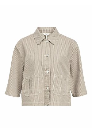 Striped short-sleeve jacket in beige and brown, featuring a collared neck, front button closure, and two front patch pockets.