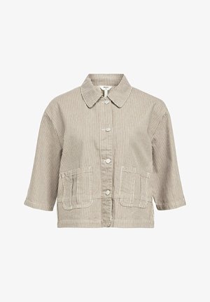 Beżowo-brązowa, w paski krótka kurtka z krótkim rękawem, z kołnierzykiem, zapinana na guziki z przodu, z dwoma naszytymi kieszeniami z przodu.