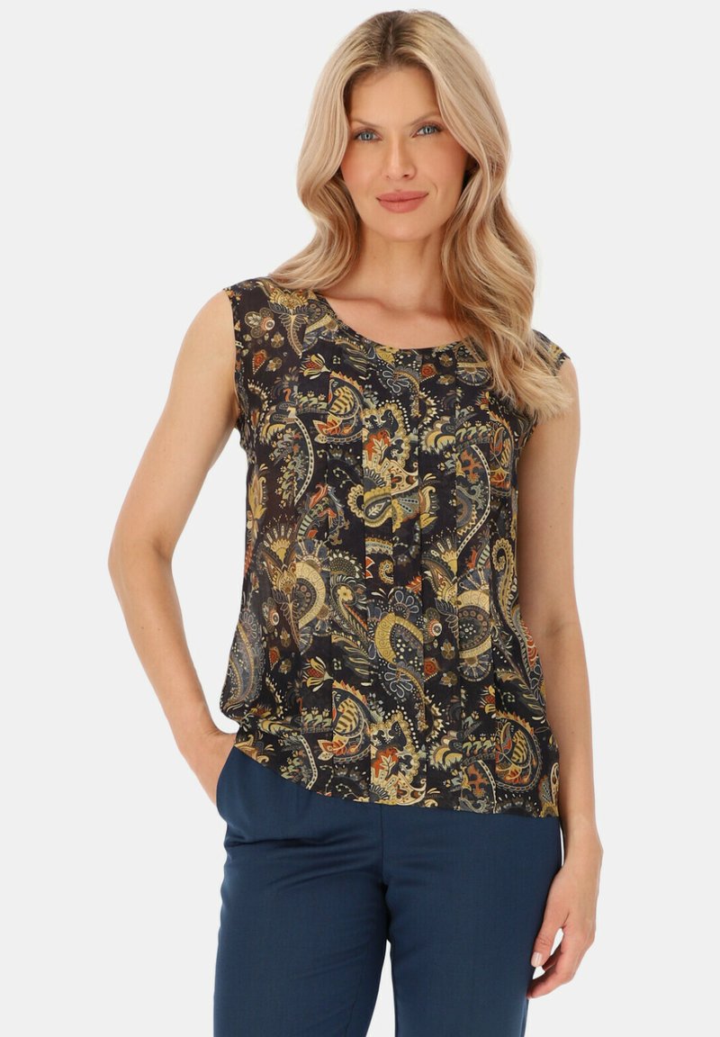 Bezrękawnik w kwiatowy wzór w ciemnym granacie z złotymi, pomarańczowymi i zielonymi akcentami. Posiada okrągły dekolt i luźny krój.