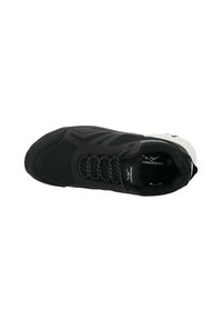 Black athletic shoe with mesh upper, reflective accents, padded collar, and white sole. Features lacing system and logo on tongue.