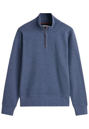 Blå pullover sweatshirt med høj krave, halv lynlås foran og ribbede manchetter, lavet af blødt stof med en subtil tekstur.