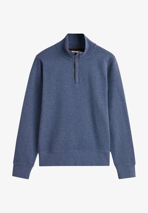 Blauer Pullover-Sweatshirt mit hohem Kragen, halbem Reißverschluss vorne und gerippten Bündchen, aus weichem Stoff mit subtiler Textur.