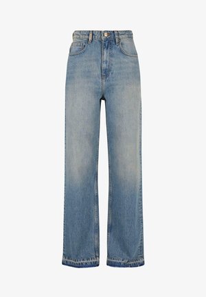 Jeans de mezclilla anchos de color azul claro con cintura alta, que cuentan con bolsillos frontales y cierre de botones. Textura desgastada y detalles de dobladillo deshilachado.