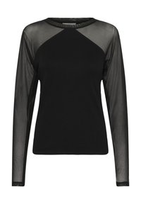 Top negro de manga larga con mangas de malla transparente y pecho superior también de malla, cuerpo de tejido sólido y escote redondo.