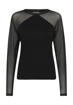 Črna majica z dolgimi rokavi, prozornimi mrežastimi rokavi in zgornjim delom prsnega koša, s trdnim telesom in krožnim izrezom.