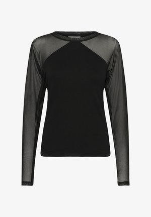Čierny top s dlhými rukávmi a priehľadnými sieťovanými rukávmi a hornou časťou hrude, z pevného materiálu s klasickým výstrihom.