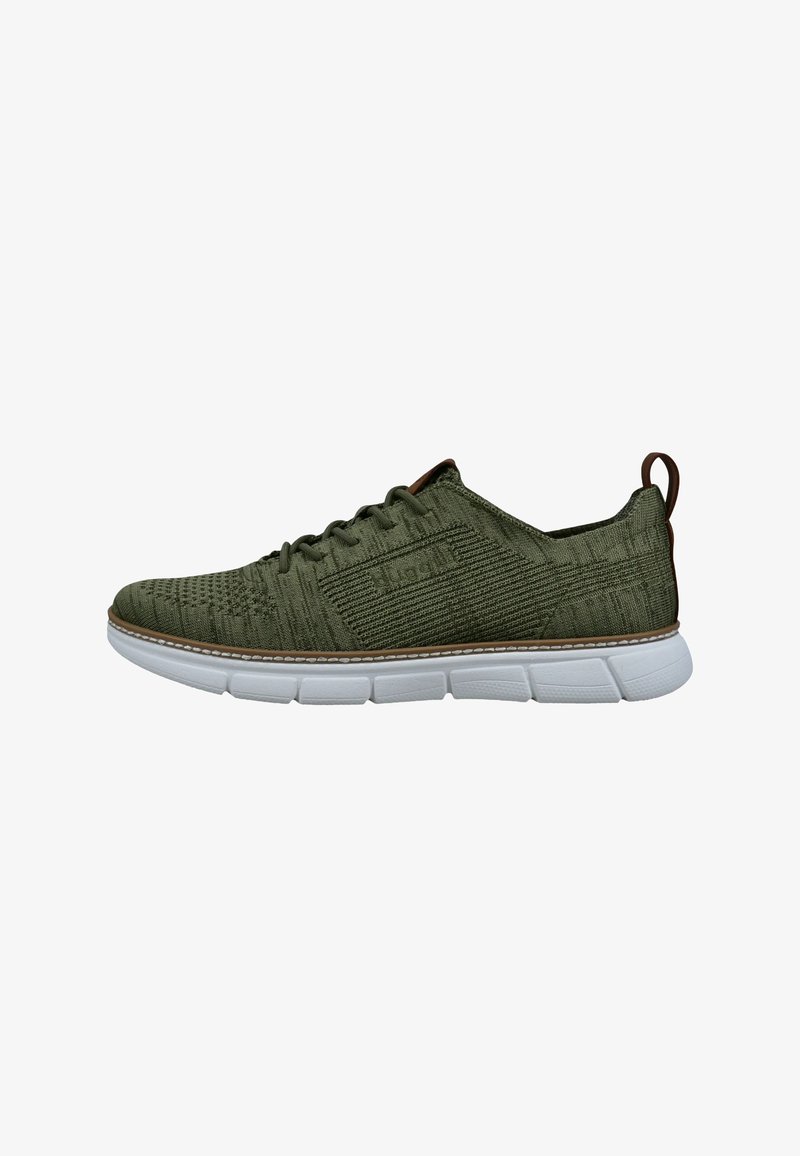 Scarpa da ginnastica in maglia verde oliva con suola bianca segmentata, chiusura frontale con lacci e linguetta marrone sul tallone.