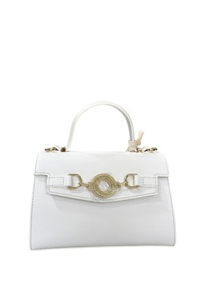 Borsa a mano in pelle bianca con manico superiore e chiusura circolare dorata con dettaglio a catena decorativa sulla pattina frontale.