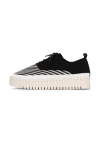 Zapatillas de ante negro con parte superior tejida y una gruesa suela de goma blanca, que presentan costillas verticales y cordones planos. Sin marcas visibles.