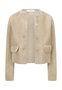 Beige faux fur jacket with a round neck, gold buttons, and two front pockets. Features a textured finish and decorative trim along the edges.