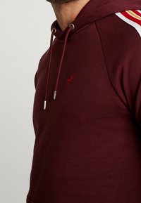 Sudadera burdeos hecha de un tejido suave con un bolsillo canguro, que presenta un pequeño logo rojo y detalles a rayas en blanco, amarillo y rojo en la manga.