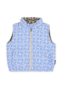 Jasnoniebieska kamizelka bez rękawów z geometrycznym wzorem w ciemniejszym odcieniu niebieskiego, z przednim zamkiem błyskawicznym i elastycznym dołem, podszyta kontrastującym brązowym wzorem.