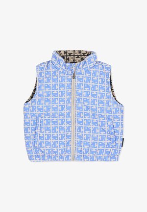 Lichtblauw mouwloos vest met een geometrisch patroon in donkerder blauw, voorzien van een rits aan de voorkant en een elastische zoom, gevoerd met een contrasterend bruin patroon.