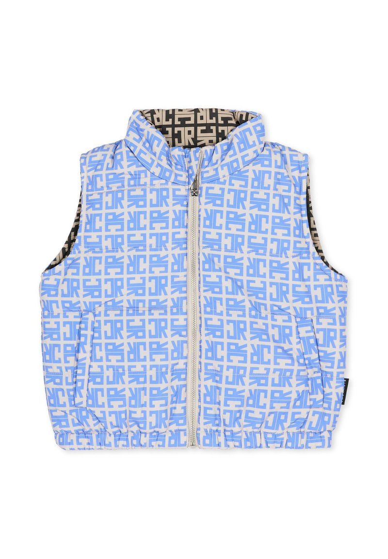 Jasnoniebieska kamizelka bez rękawów z geometrycznym wzorem w ciemniejszym odcieniu niebieskiego, z przednim zamkiem błyskawicznym i elastycznym dołem, podszyta kontrastującym brązowym wzorem.