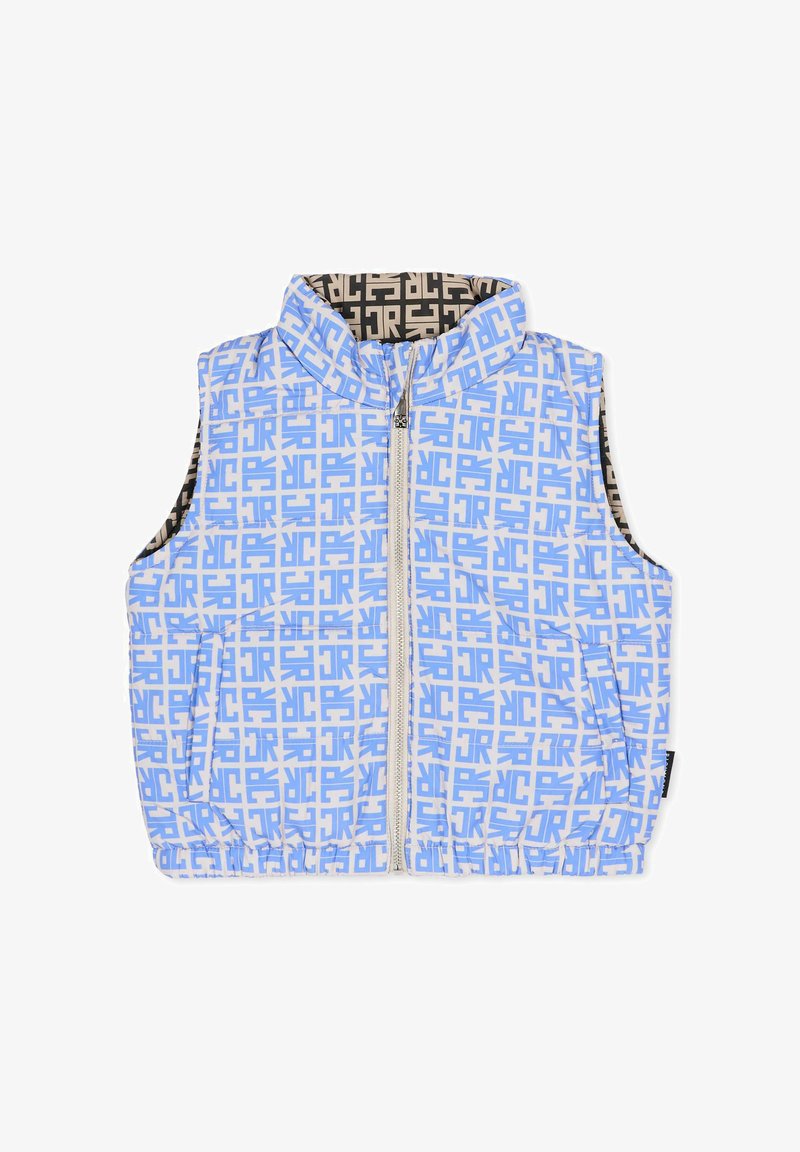 Jasnoniebieska kamizelka bez rękawów z geometrycznym wzorem w ciemniejszym odcieniu niebieskiego, z przednim zamkiem błyskawicznym i elastycznym dołem, podszyta kontrastującym brązowym wzorem.