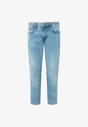 Vaqueros de mezclilla azul claro con un corte relajado, piernas rectas, diseño de cinco bolsillos y costuras sencillas. Presentan un cierre de botón y presillas para cinturón.