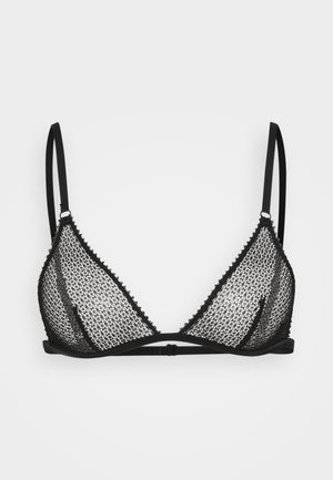 Sostenitore triangolare in rete nera con spalline sottili regolabili e una semplice chiusura a banda sul retro.