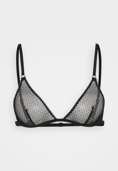 Melna sieta trīsstūra krūšturis ar regulējamiem plāniem plecu siksnām un vienkāršu joslas sprādzi aizmugurē.