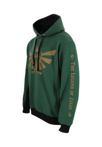 Zielona bluza z kapturem o czarnym wnętrzu, z dużym złotym emblematem Triforce z przodu oraz napisem "LEGENDY ZELDA" na rękawie.