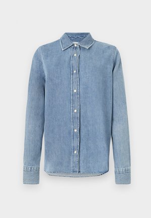 Hellblaues Denim-Hemd mit Kragen, Knopfverschluss vorne, langen Ärmeln und gestickten Details an den Manschetten und dem Saum. Strukturierter Stoff.