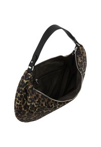 Leopardprint håndtaske med en sort læderrem. Har en lynlåslukning og en mørk indvendig med en lynlås lomme til organisering.