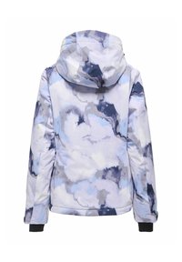 Vinterjakke med hætte, prydet med et blåt, hvidt og gråt skymønstret abstrakt design, vist fra bagsiden.