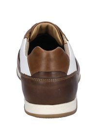 Brązowe skórzane sneakersy z białymi akcentami, niski profil, okrągły czubek, wyściełany kołnierz i teksturowany obcas. Podeszwa jest lekka z gumowym gripem.