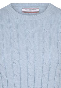 Helles blaues Strickpullover mit geripptem Rundhalsausschnitt und Kabelstrickmustern. Das Etikett trägt die Aufschrift "FELIX HARDY" mit der Größe "S."